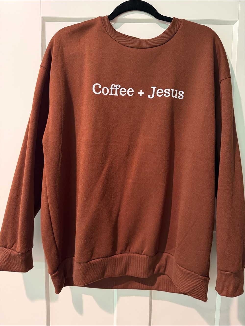 SHEIN Rust Brown "Coffee + Jesus" Crewneck Sweatshirt